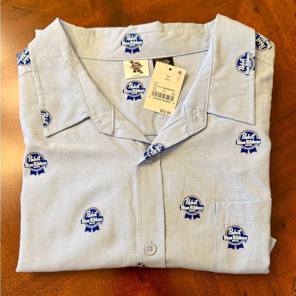 NWT Pabst Blue Ribbon Light Blue Short-Sleeve Button-Down Shirt, Sz XXL